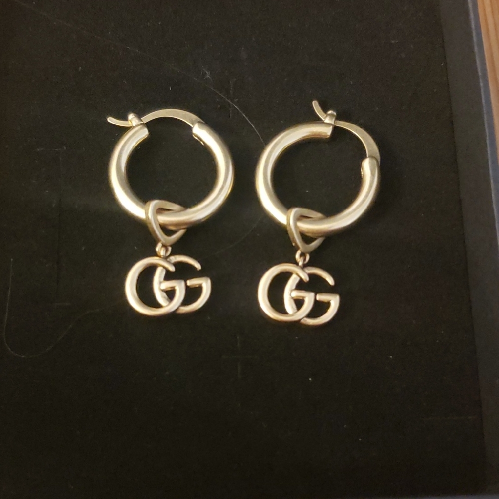 Gucci Gold Hoop Earrings with Logo Charm